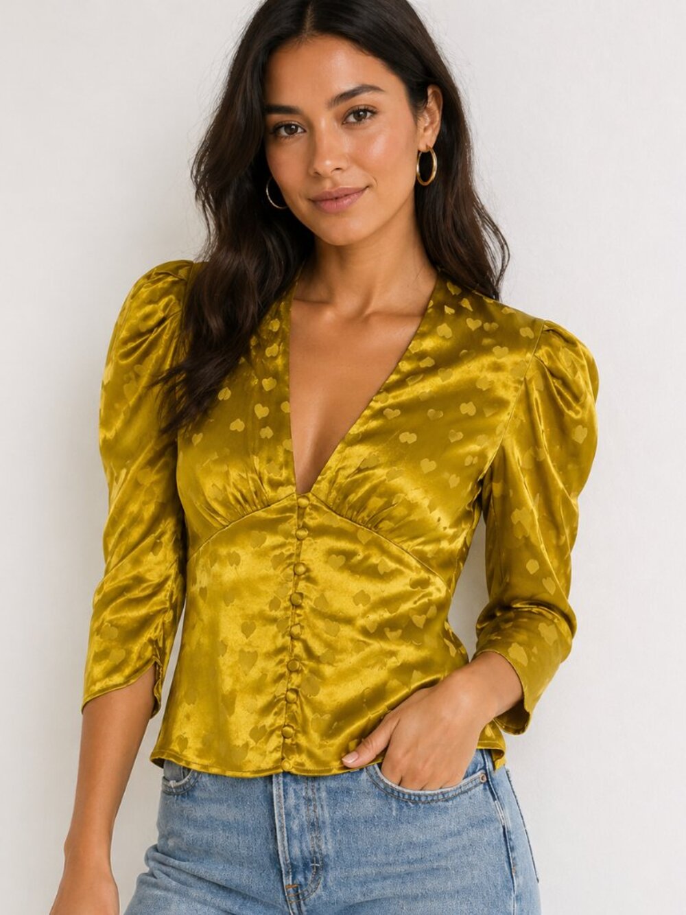 LPA Top Blouse Satin Hearts V-Neck Small